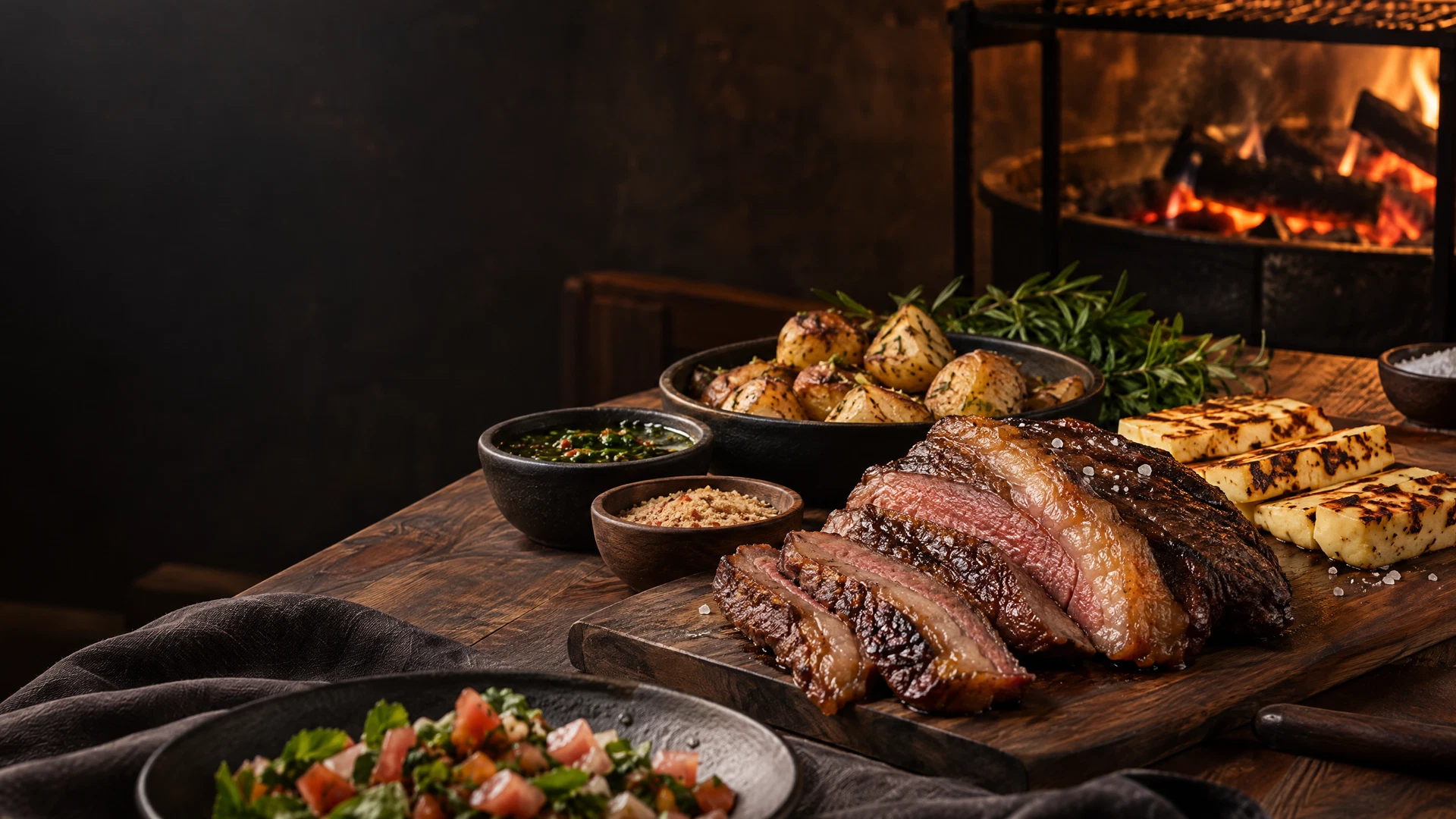 Mesa com cortes na brasa e acompanhamentos do Brasa & Brio